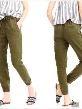 J. Crew Size 6 TALL Point Sur linen Olive Green  Drawstring Joggers